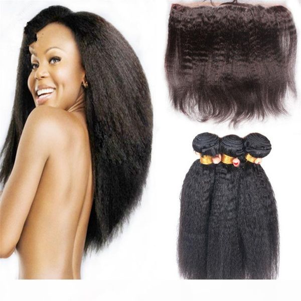 

7a malaysian human hair with lace frontal ear to ear natural color human hair weave kinky straight with lace frontal closure, Black