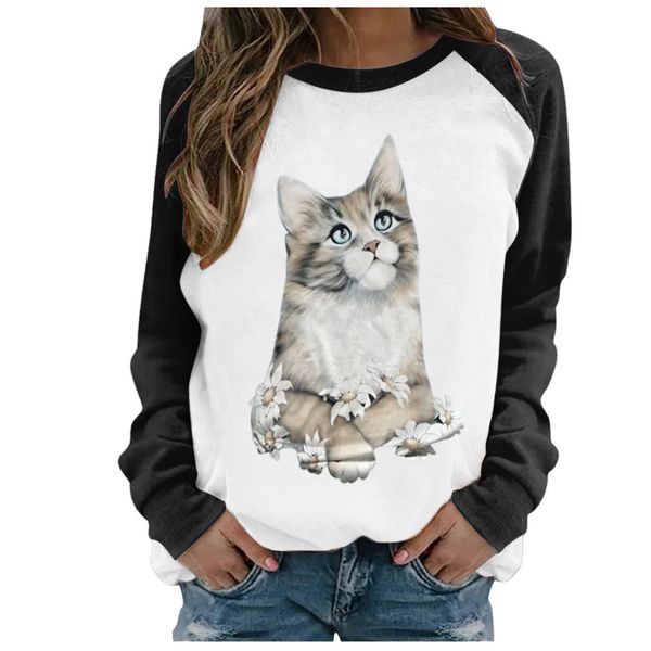 

2021 fashion creative long-sleeved t-shirt casual cat printing raglan long-sleeved shirt color matching round neck t-shirt top, Gray