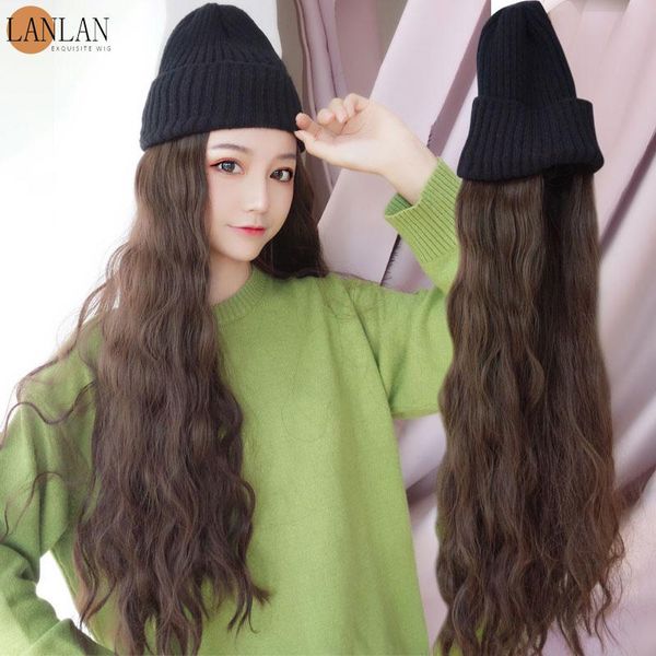 

synthetic wigs lanlanwool hat with wig one female autumn and winter models natural trend fashion straight hair water ripple full headgear, Black