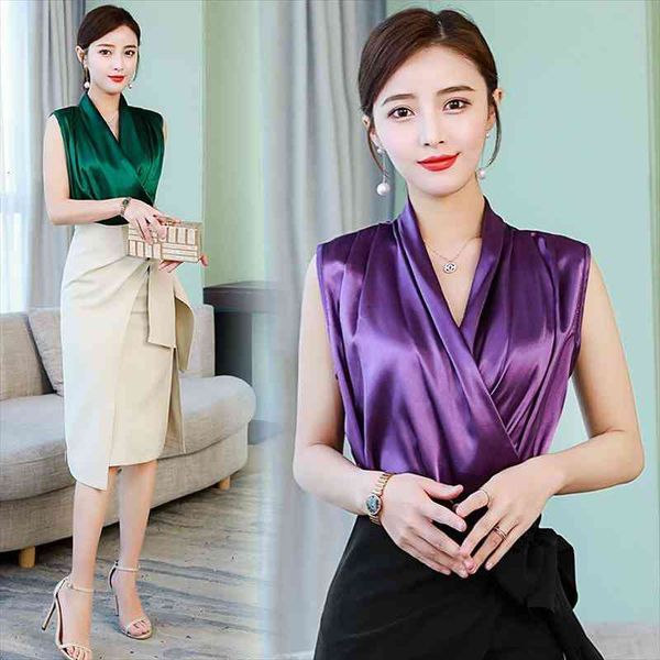

women silk blouse summer sleeveless elegant female plain soft silk blouse shirt, White