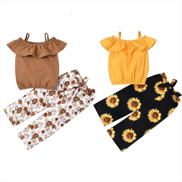 

0 4y lovely kids girls clothes sets 2pcs off shoulder ruffles sleeve t shirts flowers printed pants, White