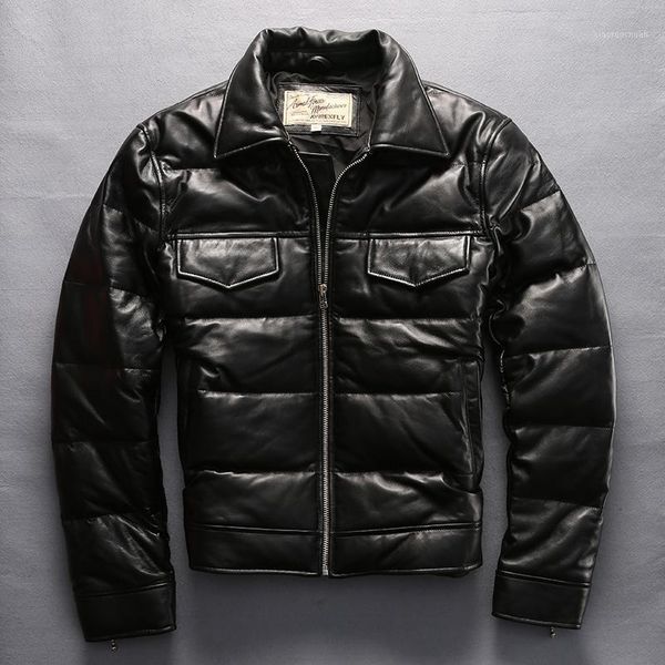 

men's leather & faux 2021 genuine down mandarin collar fashion casual locomotive sheepskin pilot jackets winter russia coats, Black