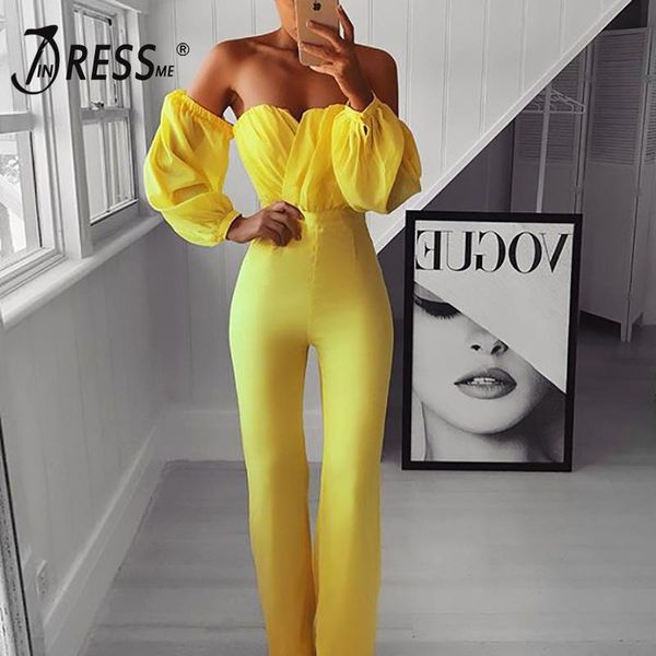 

women's jumpsuits & rompers indressme 2021 women party club yellow off shoulder chiffon long sleeve strapless full length bandage bodyc, Black;white
