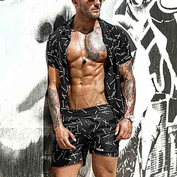 

men's tracksuits fashion summer hawaii short sleeve printing blouse shirt shorts sets clothes pink yellow black b9nt, Gray