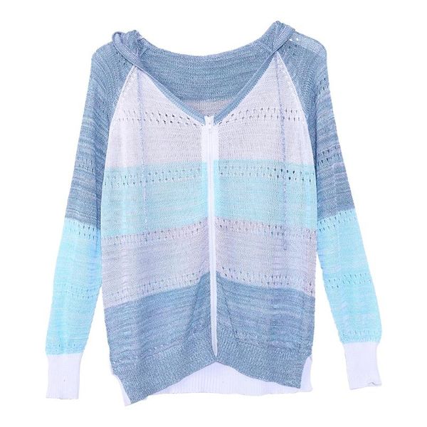 

women hollow out knit hoodie sweater long sleeve color block striped zip jacket lx9e, White