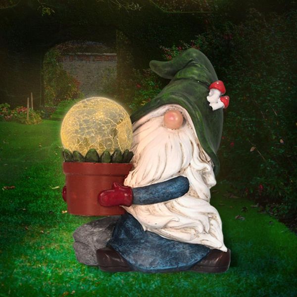 

garden decorations gnome solar light statue outdoor figurine carrying magic orb for patio, lawn, yard, pathway decor.