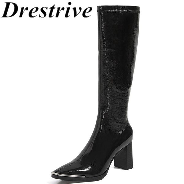 

boots drestrive women knee high heels 9.5 cm metal square toe patent leather zipper black 2021 female classics shoes