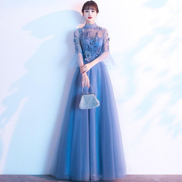 

ethnic clothing exquisite flower pleated cheongsam perspective flare sleeve dress gown fairy mesh maxi qipao celebrity banquet vestidos, Red