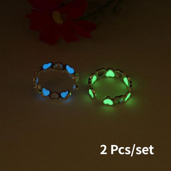 

cluster rings 2 pcs heart shape luminous ring silver color adjustable for women men glowing couple in the dark jewelry gift, Golden;silver