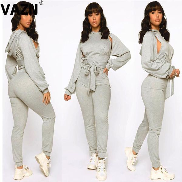 

two piece dress vazn solid hood-neck spring 2021 gray sport punk style 2 pieces casual women set full sleeve length bodycon, White