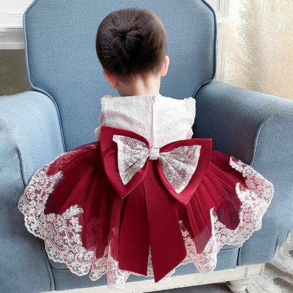 

girl's dresses lace bow pearl christening princess toddler birthday party ball gown baby girl summerÂ dress born children baptism 1 year, Red;yellow