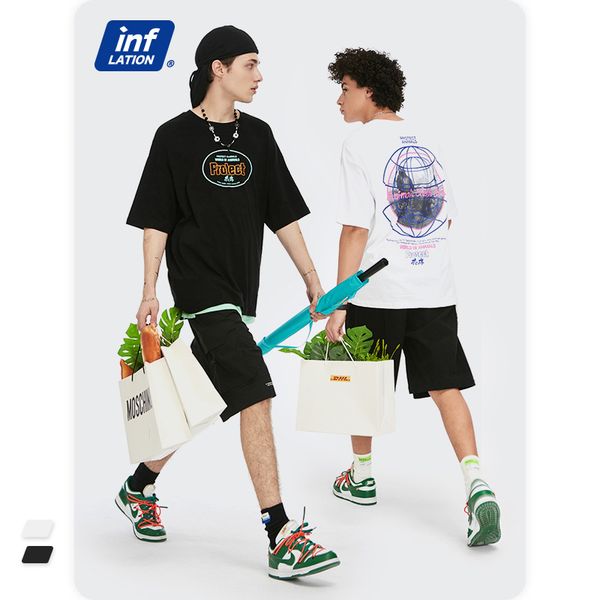 

cotton mens clothing t-shirt short sleeve 2021 spring and summer new street cool tide brand technology coexistence earth print loose mens t, White;black