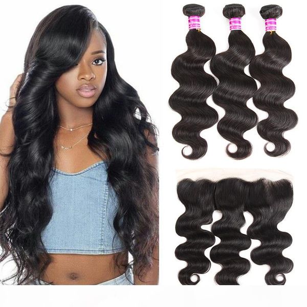 

10a body wave bundles with frontal brazilian hair weave bundles with 13x4 lace frontal ear to ear accessories 100% human hair wefts vendors, Black;brown