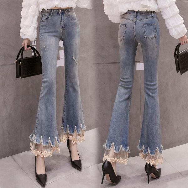 

women's jeans 2021 spring elastic slim beaded lace bell-bottom pants capri-pants streetwear woman plus size mom, Blue
