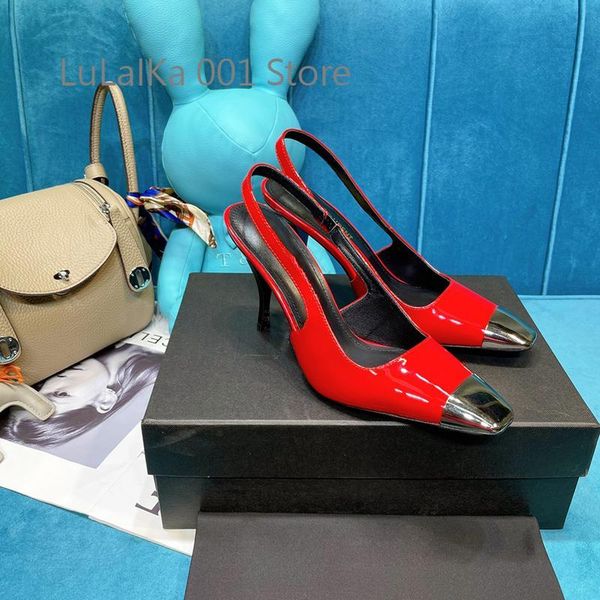 

sandals patent women genuine leather shoes iron toe back strap red ladies dress chic design woman, Black