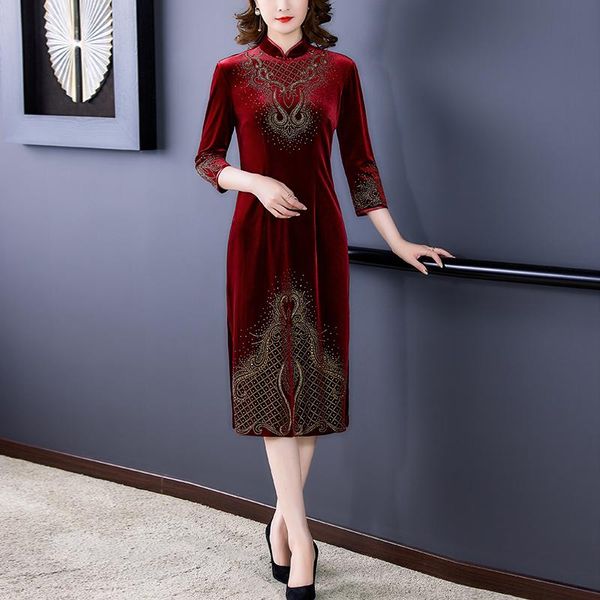 

casual dresses coigarsam women dress autumn 2022 cheongsam vintage three quarter sleeve purple red black robe vestidos, Black;gray