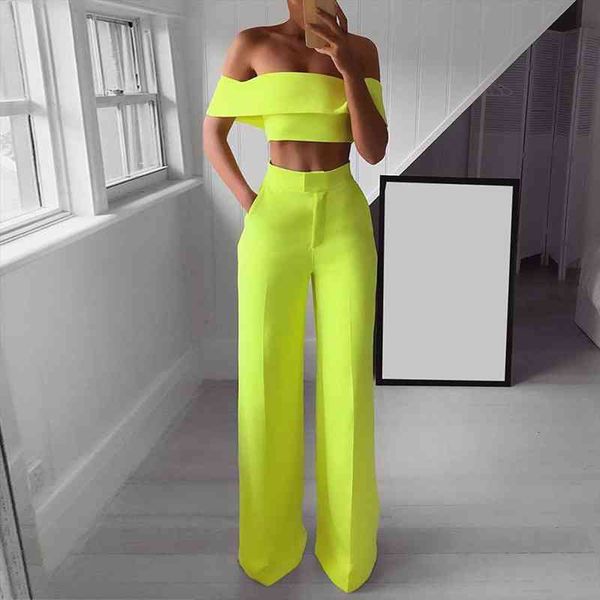 

two piece set neon women set green white black cold shoulder ruffle shirt button zipper wide leg pant suit, Black;white