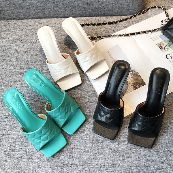 

2021 new spring square high heel mules padded leather open toe party shoes fashion slippers women u8x9, Black