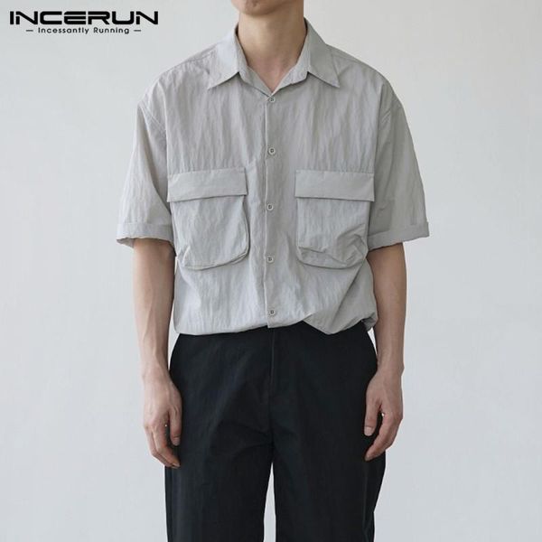 

short sleeve turn down collar blouse incerun men solid color button shirts korean style man multi pockets chemise masculina 5xl, White;black