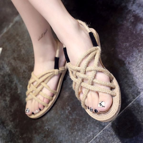 

rimocy 2021 new vintage rome sandals women flat bohemian style hemp rope weave sandals female slip on summer beach shoes woman, Black