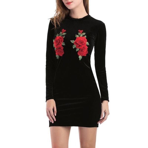 

casual dresses autumn and winter fashion solid color slim dress ladies round neck long-sleeved embroidery mini, Black;gray