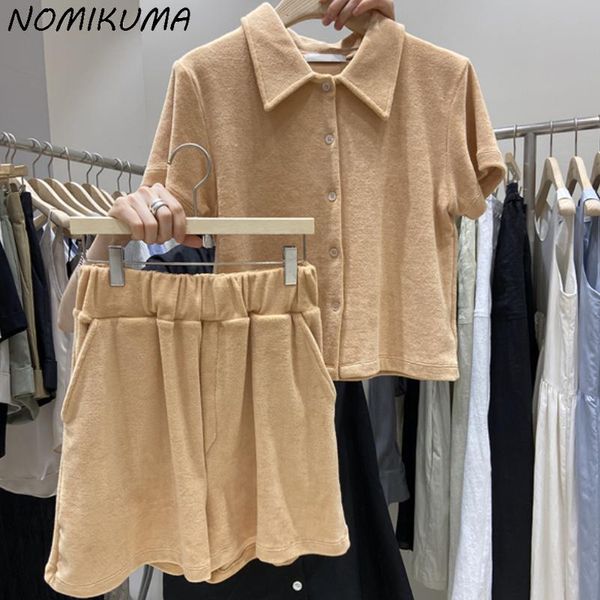 

women's tracksuits nomikuma 2021 summer 2pieces sets short sleeve turn-down collar tshirt cardigan + stretch waist shorts causal women, Gray