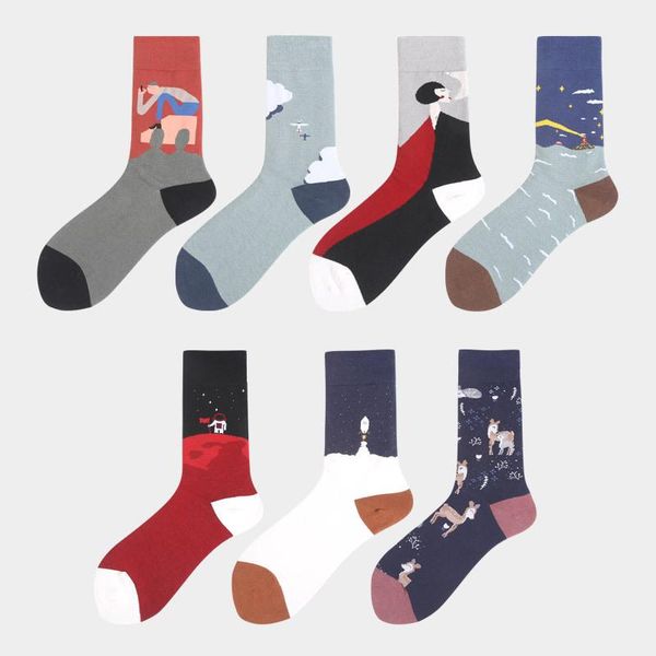 

men's socks 1 pair of painting style crew casual ladies streetwear skateboarding sports riding fun cotton size 36-44, Black