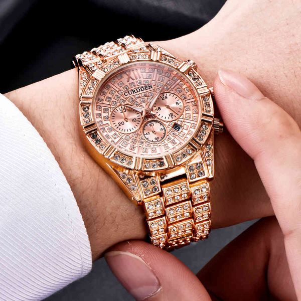 

luxury male clock iced out men full diamond quartz watches hip hop stainless steel band wristwatch, Slivery;brown