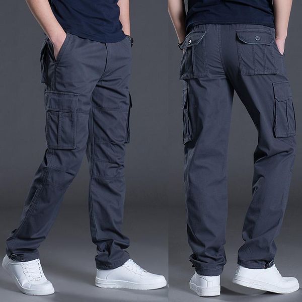 

men's pants autumn and winter work multi-pocket overalls outdoor loose straight large size casual thin trend, Black