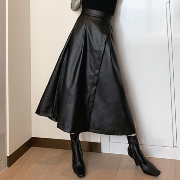 

skirts women solid black pu leather spring 2021 fashion steet wear a-line swing high waist split skirt office lady punk style