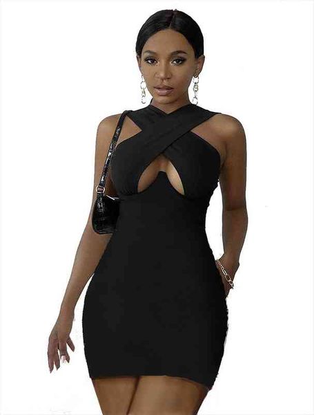 

solid color cut out front wrap mini dress summer office lady cross halter neck sleeveless pencil dess women clothes, Black;gray