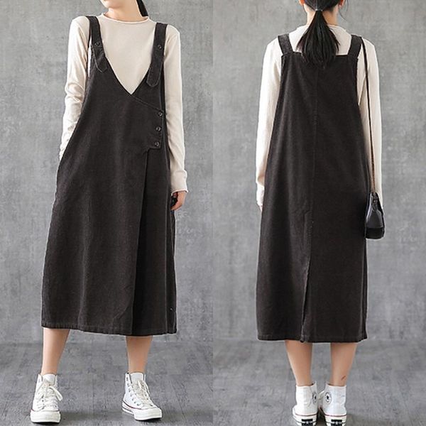

casual dresses zanzea vintage straps corduroy sundress women overalls dress spring sleeveless solid a-line vestido suspenders robe, Black;gray