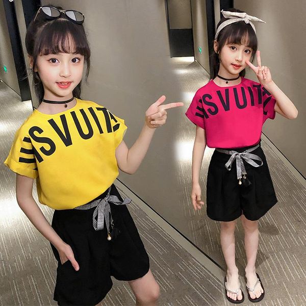 

clothing sets girls set 4-14t kids summer cotton t shirt+shorts children casual short sleeve shirt baby letter loose clothes, White