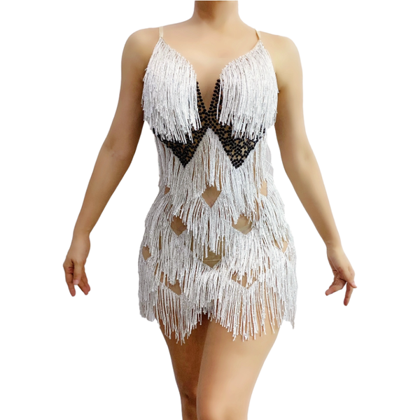 

mesh transparent rhinestones tassel short dress women birthday celebrate fringe dresses performance costume stage wear, Black;red