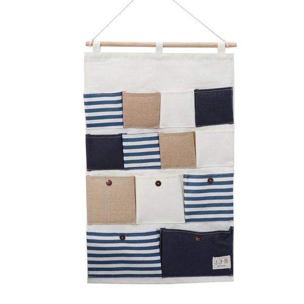 

1pc multi-pocket hanging bag striped cotton linen storage pouch wall-mounted sundries organizer for home shop