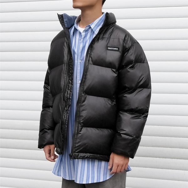 

2021 new winter men's stand long-loose solid casual style men padded thick parkas 4ltp, Black