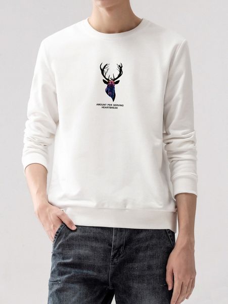 

men slogan & deer print pullover f9d8#, Black