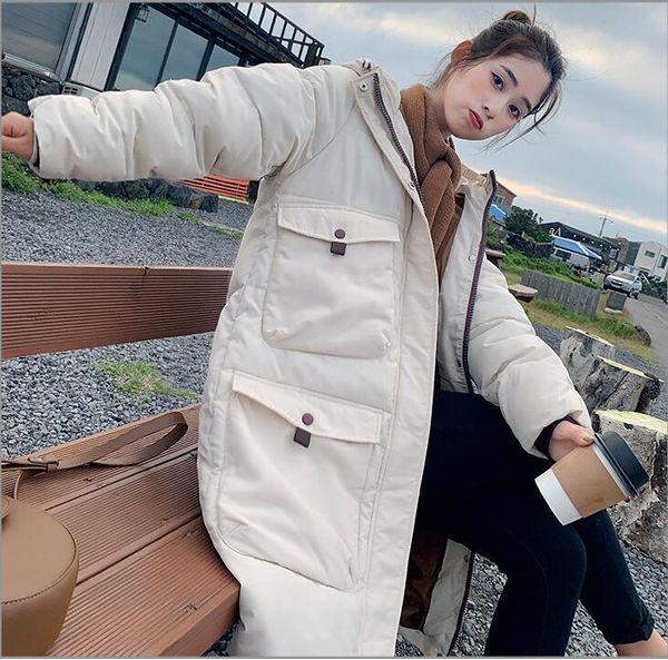 

big pocket women parks feminine coat clothing warm jacket winter parkas long outerwear fashion sobretudo feminino hat, Black