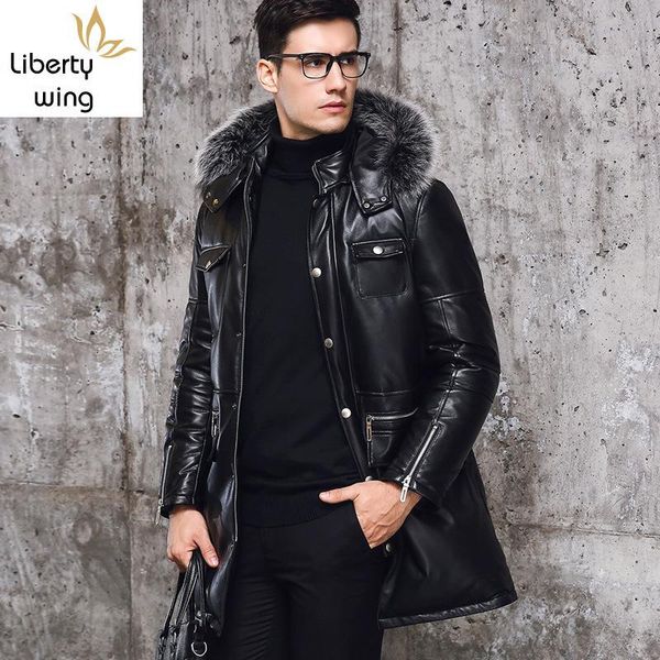 

men's leather & faux winter zipper pockets mens slim fit long coats male hooded sheepskin genuine warm overcoats fur collar large size, Black
