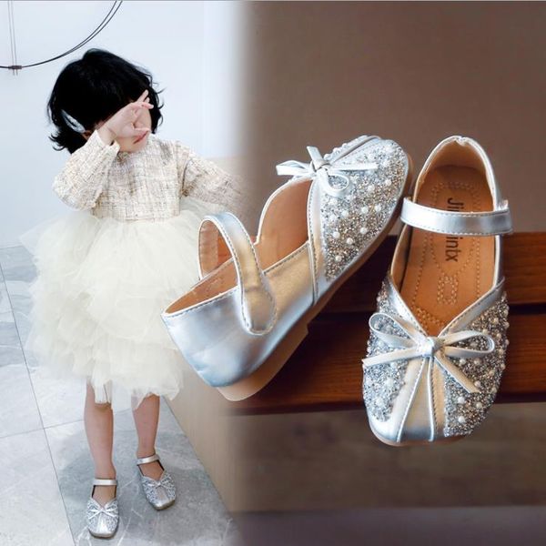 

baby flat shoes girls leather cute bow fashion rhinestone pearl kids shoes princess autumn children party, Black;grey
