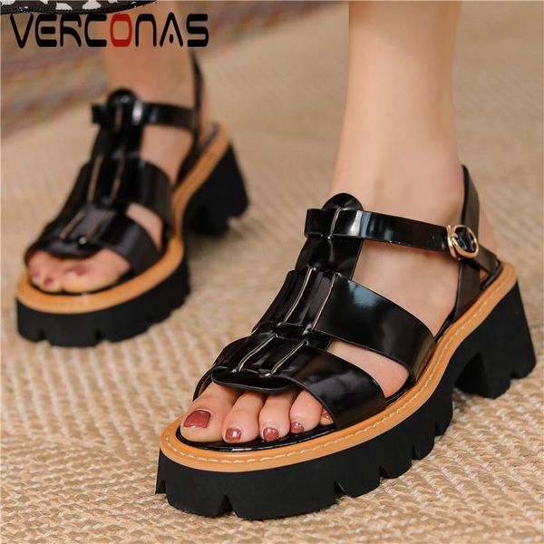 

sandals verconas 2021 summer women genuine leather rome style retro concise platforms thick heels casual gladiator shoes woman, Black