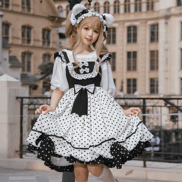 

point lolita polka dress princess genuine wave suspender dress light, Black;gray