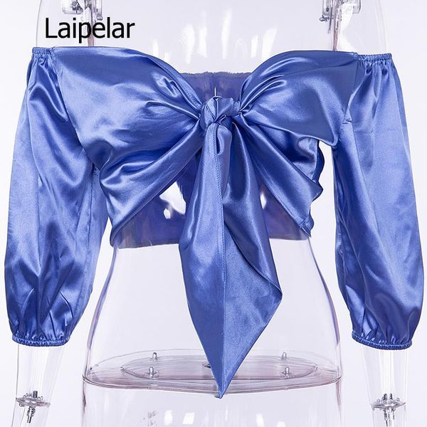 

women's tanks & camis summer off shoulder crop front bow tie up women satin shoulders lace blue and champagne, White