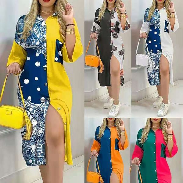 

2021 summer shirts patchwork dress fashion print button long party dresses elegant turn-down collar 3/4 sleeve pocket, Black;gray