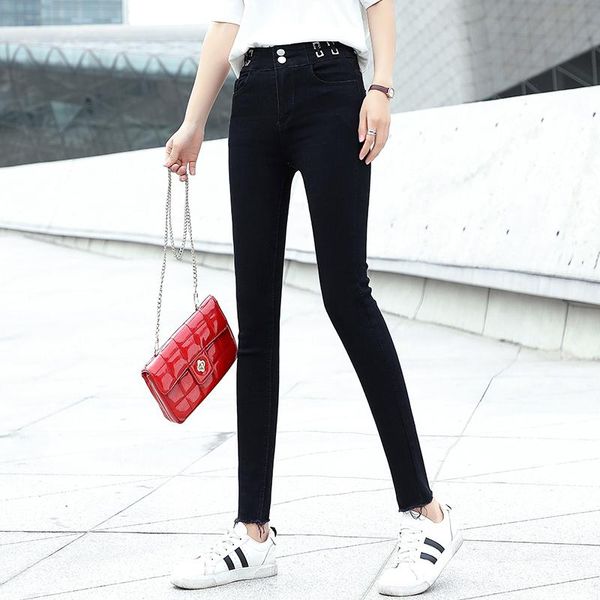 

women's jeans elasticity spring style high-waisted trousers tight pencil skinny pants ripped women black 207h, Blue
