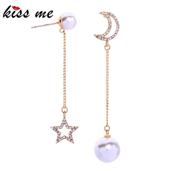 

dangle & chandelier kissme asymmetric shiny crystal moon star gold color long chain acrylic pearl earrings for women gifts fashion jewelry, Silver