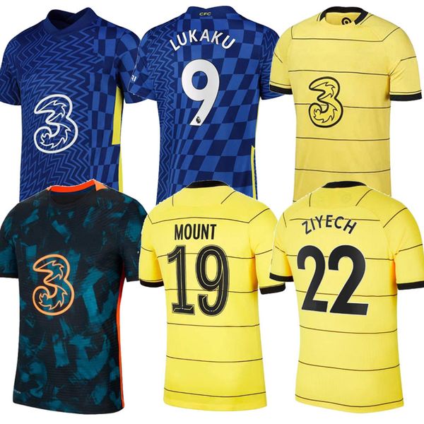 

thailand 21 22 lukaku werner havertz chilwell ziyech soccer jerseys 2021 2022 pulisic home blue away yellow football shirt kante mount men+k, Black;yellow