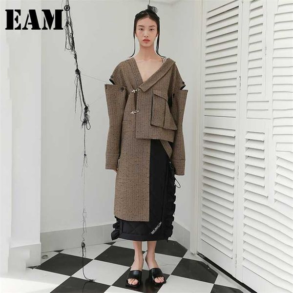 

[eam] loose fit big size irregualr pocket woolen coat parkas long sleeve women fashion autumn winter 1dd2175 211106, Black