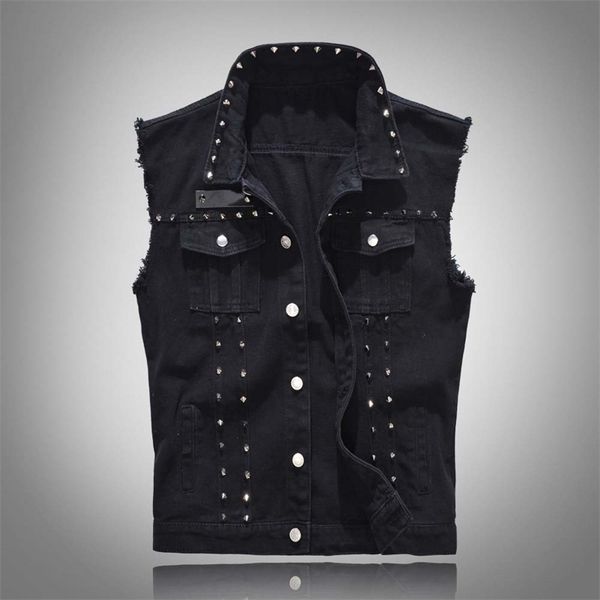 

men's vests mens spring summer autumn black denim lapel sleeveless single breasted rivet casual fashion trendy slim waistcoat d262, Black;white