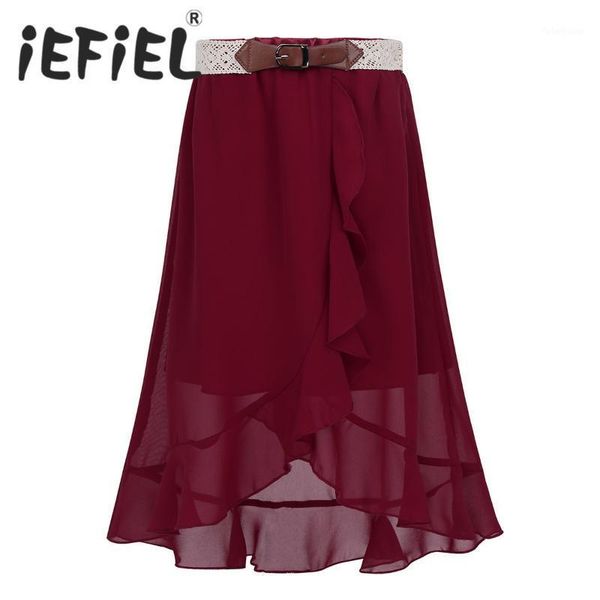 

skirts big girls children summer chiffon ruffle front asymmetrical hemline maxi skirt with decorative belt for casual party daily wear1, Blue
